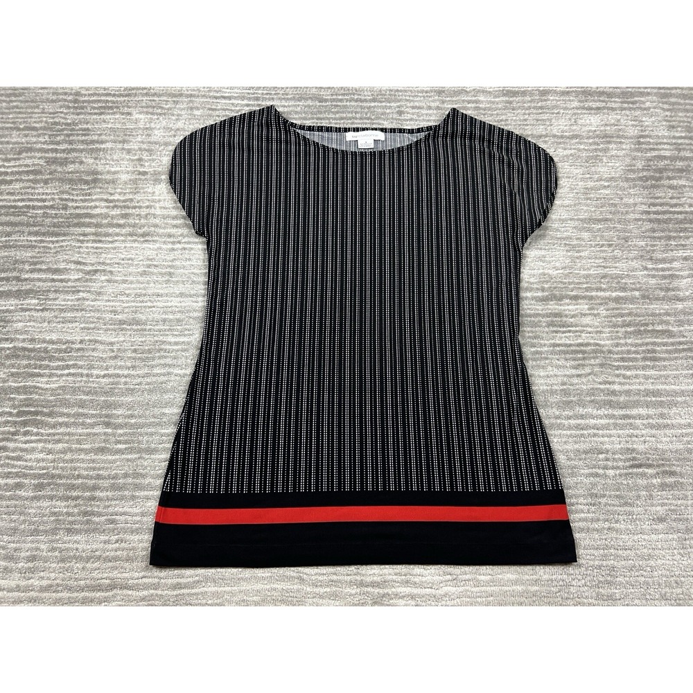 Liz Claiborne Blouse Womens S Black White Stripe Red Hem Cap Sleeve Boat Neck